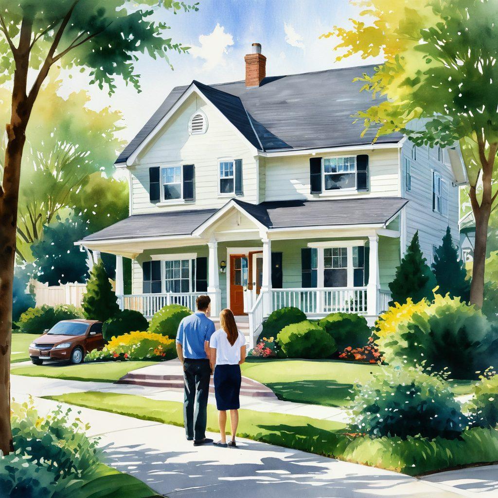 A serene suburban landscape showcasing a welcoming family home with a 'For Sale' sign. In the foreground, a diverse group of smiling people, including a couple and a financial advisor, reviewing documents and discussing home buying strategies. Lush greenery surrounds the scene, with soft sunlight enhancing the warm atmosphere, symbolizing hope and success in home buying. watercolor painting. vibrant colors.