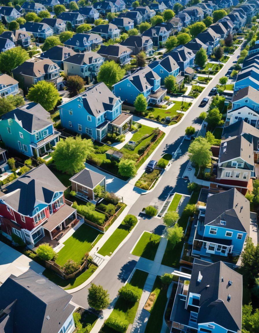 An aerial view of a diverse urban landscape showcasing a mix of modern homes and lush green spaces, with a prominently featured 'For Sale' sign in the foreground. Include people engaged in conversations, inspecting properties, and a bustling neighborhood atmosphere. The scene should convey excitement and opportunity in the real estate market. vibrant colors. super-realistic. bright blue sky.