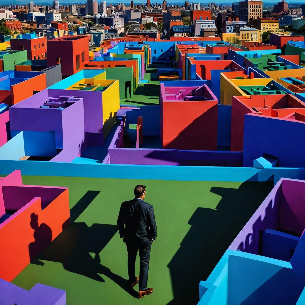 A complex maze made of various types of real estate properties, including modern homes, historic buildings, and auction signs scattered throughout. An individual standing at the maze's entrance, looking thoughtfully at a map with vibrant colors and dynamic shadows, symbolizing the journey from auctions to valuations. The background features a skyline and a sunset to evoke a sense of possibility. super-realistic. vibrant colors. 3D.